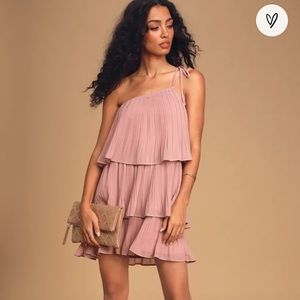 Lulus Blowing Kisses Dusty Pink Pleated One Shoulder Mini Dress